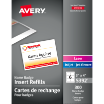 Avery® Name Badge Card Refills 4" x 3" White 300/box