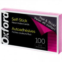 Oxford® Self Stick Index Cards Ruled 3" x 5" Neon Pink 100/pkg
