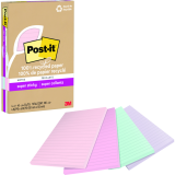 Post-it® 100% Recycled Paper Super Sticky Notes Lined 4" x 6" Assorted Wanderlust Pastel Colours 4 pads/pkg