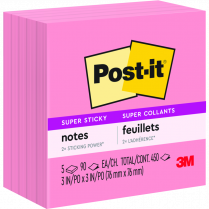 Post-it® Super Sticky Notes Cubes 3" x 3" Neon Pink 5/pkg