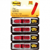 Post-it® Mini Flags Sign Here Arrow Action Set 1/2" x 1-11/16" 20 flags x 4 dispensers/pkg Red