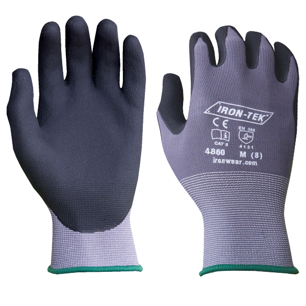Ironwear 4860 Gloves SZ LG Nitrile Dipped Palms Black & Gray Nylon & Lycra